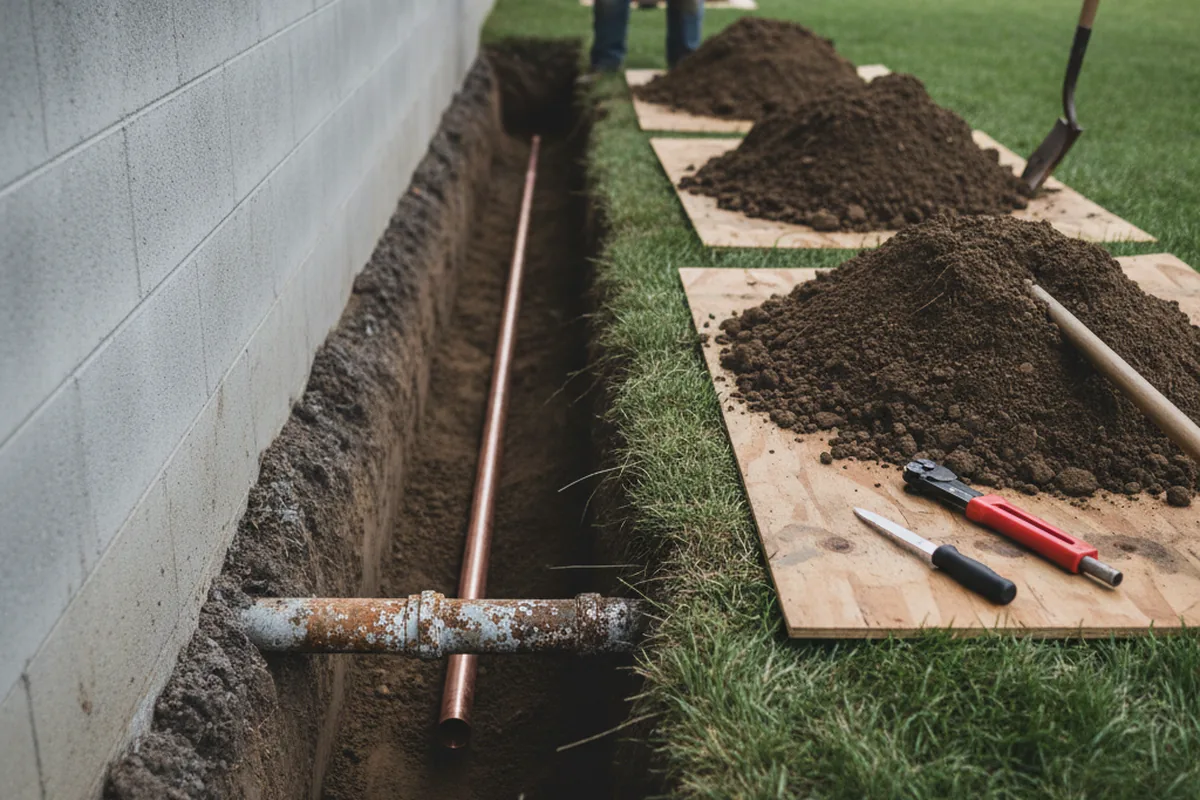 Excavated water line trench during Water Softener Installation in Galveston